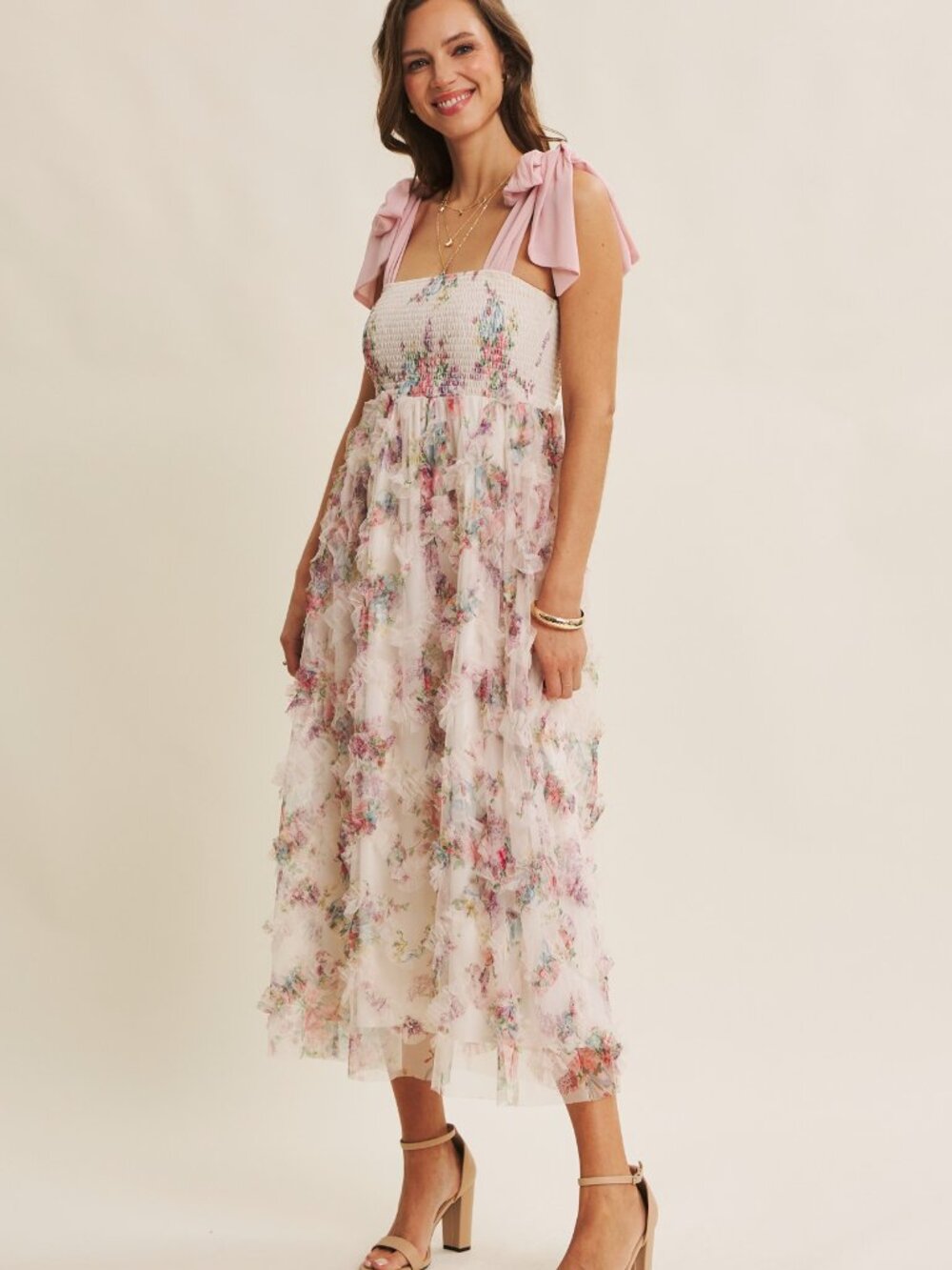 Textured Floral Smocked Midi Dress Tie Straps - Picture 10 of 11